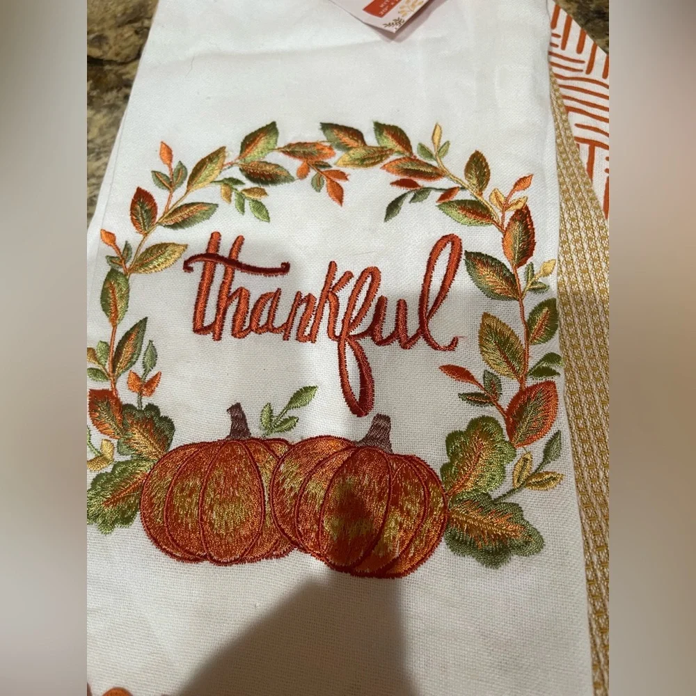 The Farnhouse Fall embroidered  Kitchen towel trio -THANKFUL, pumpkins  - NEW!